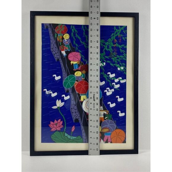 Asian Chinese Folk Art Gouache Bridge Crossing Painting Stamped Signed Framed - Picture 5 of 6